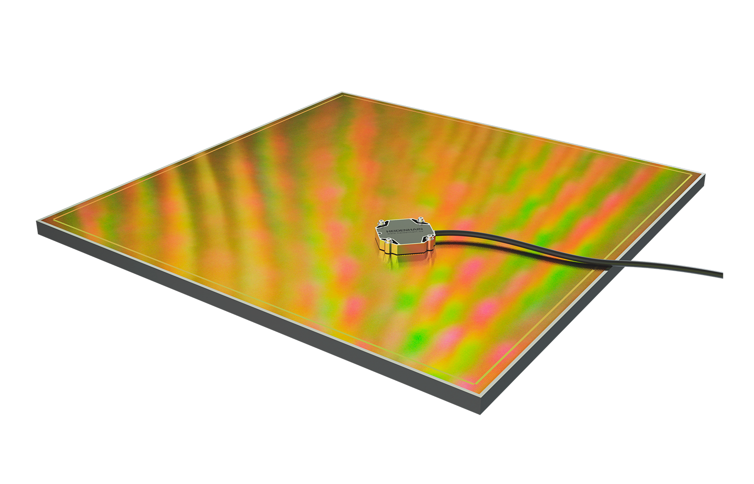 A PP 6000 two-coordinate encoder with a large grid plate covered by a phase grating being scanned by a readhead.